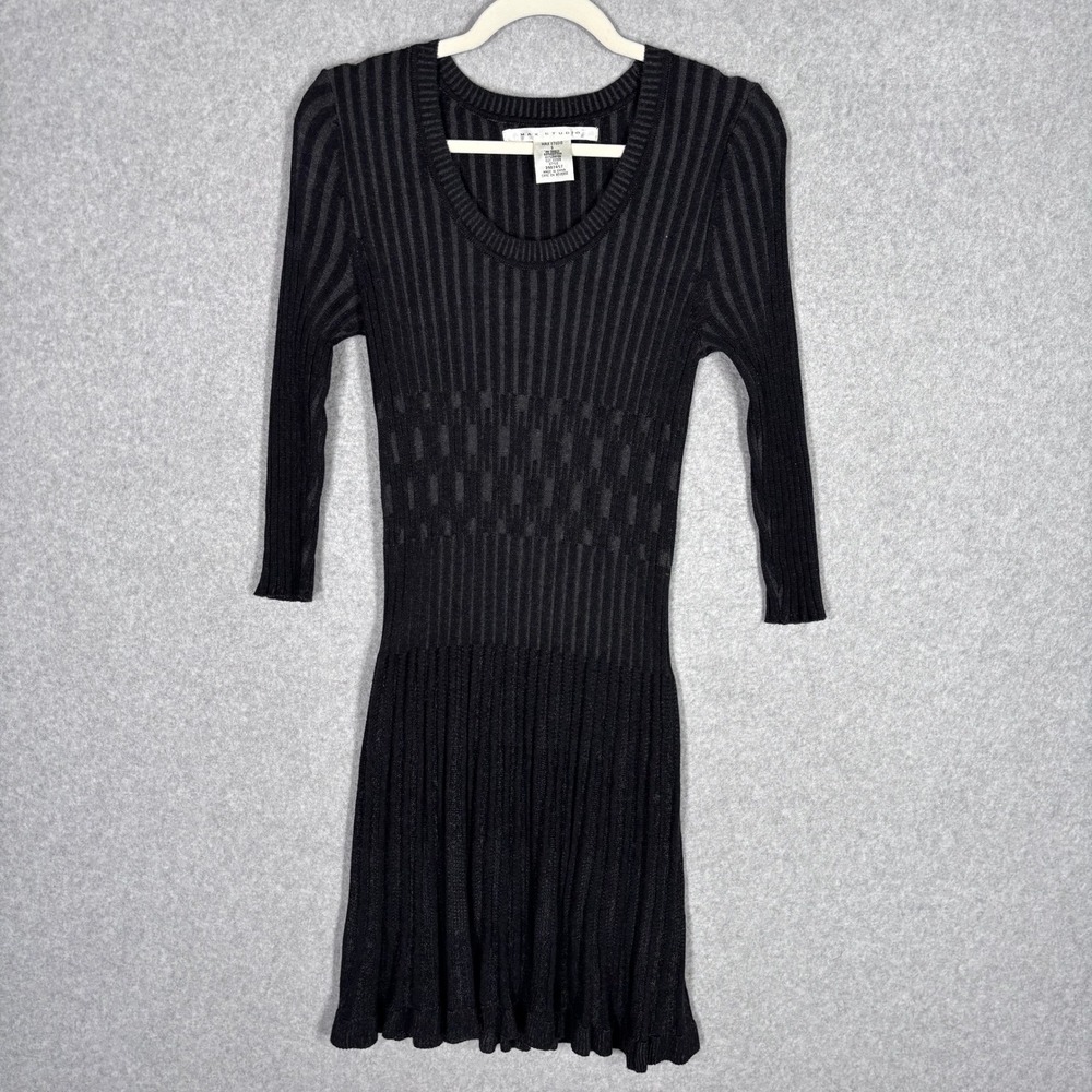 Y2K Max Studio Sweater Knit Mini Dress Small Black Ribbed Flare Minimalist 90s